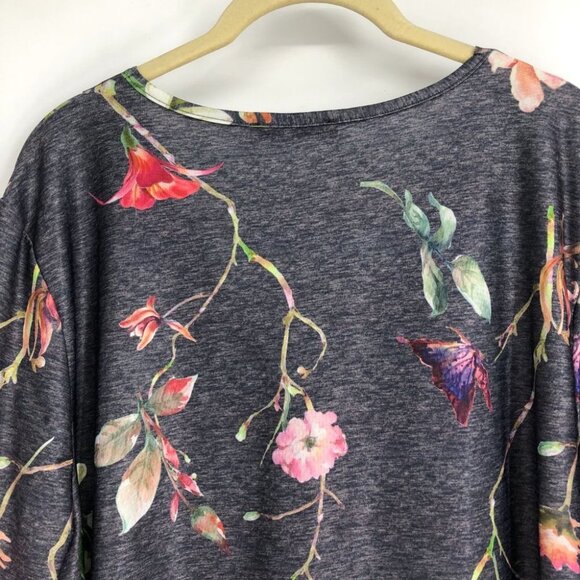 LoveU.Dear Black Heathered Floral Butterfly Print V-Neck Long Sleeve Blouse 1x - Picture 12 of 16